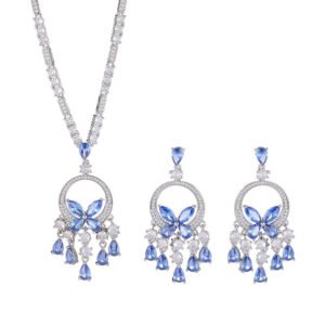 High-end butterfly zircon jewelry set wholesale with teardrop crystal tassels, including a statement choker necklace and drop earrings from junejewelry.com
