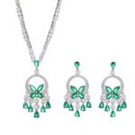 High-end butterfly zircon jewelry set wholesale with teardrop crystal tassels, including a statement choker necklace and drop earrings from junejewelry.com