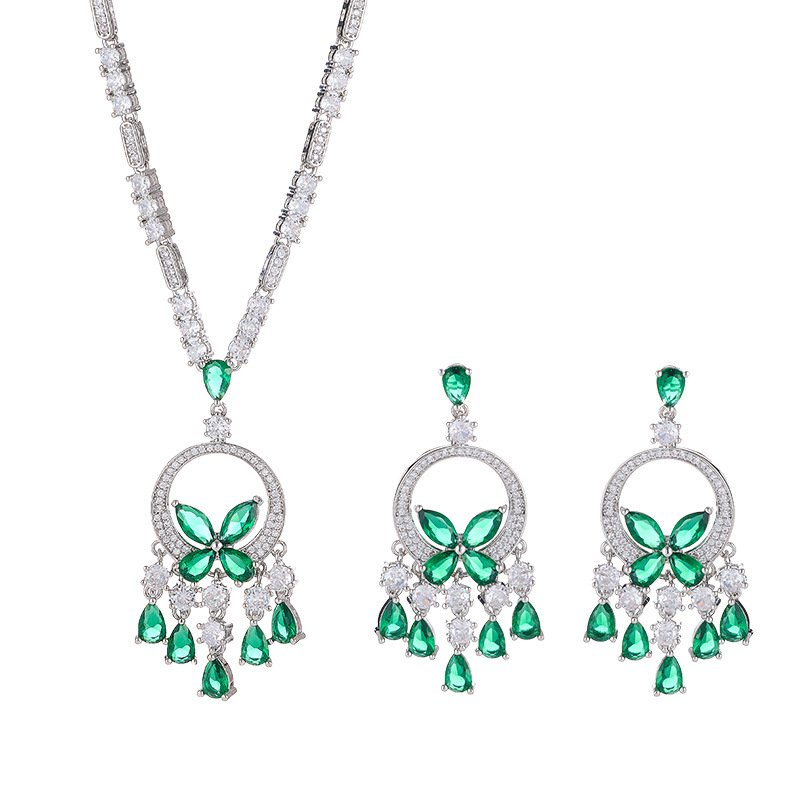 T-057 (9) High-end butterfly zircon jewelry set wholesale with teardrop crystal tassels, including a statement choker necklace and drop earrings from junejewelry.com