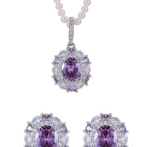 High-end oval zircon pearl jewelry set wholesale featuring a royal crystal cluster pendant on a classic pearl strand and matching statement stud earrings from junejewelry.com