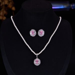 High-end oval zircon pearl jewelry set wholesale featuring a royal crystal cluster pendant on a classic pearl strand and matching statement stud earrings from junejewelry.com