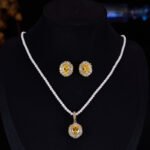 High-end oval zircon pearl jewelry set wholesale featuring a royal crystal cluster pendant on a classic pearl strand and matching statement stud earrings from junejewelry.com