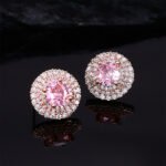 High-end round halo zircon jewelry set wholesale featuring a brilliant solitaire crystal pendant necklace and matching round stud earrings from junejewelry.com