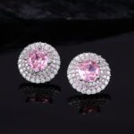 High-end round halo zircon jewelry set wholesale featuring a brilliant solitaire crystal pendant necklace and matching round stud earrings from junejewelry.com