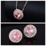 High-end round halo zircon jewelry set wholesale featuring a brilliant solitaire crystal pendant necklace and matching round stud earrings from junejewelry.com