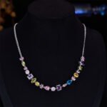 Light luxury colorful crystal resort jewelry set wholesale featuring a fresh multi-geometric cut gemstone collar necklace and matching linear drop earrings from junejewelry.com