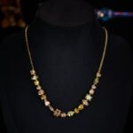 Light luxury colorful crystal resort jewelry set wholesale featuring a fresh multi-geometric cut gemstone collar necklace and matching linear drop earrings from junejewelry.com