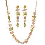 Light luxury colorful crystal resort jewelry set wholesale featuring a fresh multi-geometric cut gemstone collar necklace and matching linear drop earrings from junejewelry.com