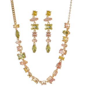 Light luxury colorful crystal resort jewelry set wholesale featuring a fresh multi-geometric cut gemstone collar necklace and matching linear drop earrings from junejewelry.com