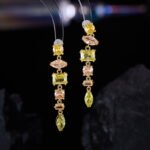 Light luxury colorful crystal resort jewelry set wholesale featuring a fresh multi-geometric cut gemstone collar necklace and matching linear drop earrings from junejewelry.com