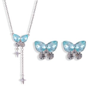 Niche summer blue crystal butterfly jewelry set wholesale featuring an aquamarine pear-cut gemstone butterfly pendant with dangling star chain tassels and matching butterfly stud earrings from junejewelry.com