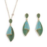 Western heavy-craft geometric conch shell zircon jewelry set wholesale featuring a curved, bi-color micro-pave emerald green and turquoise blue fold pendant necklace and matching drop earrings from junejewelry.com