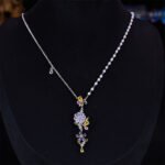 Retro wedding style light luxury vintage flower zircon jewelry set wholesale featuring an asymmetric half-link half-pearl chain cascading floral drop necklace and matching long drop earrings from junejewelry.com