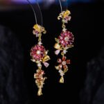 Retro wedding style light luxury vintage flower zircon jewelry set wholesale featuring an asymmetric half-link half-pearl chain cascading floral drop necklace and matching long drop earrings from junejewelry.com