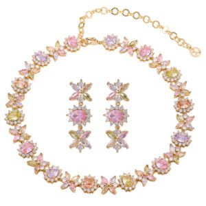 Western style heavy-craft luxury flower zircon jewelry set wholesale featuring an interlocking marquise and oval cut colorful crystal floral collar necklace with matching linear drop earrings from junejewelry.com