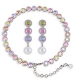 French style light luxury colorful zircon pearl jewelry set wholesale featuring a pastel halo crystal tennis necklace choker and matching triple-tier round gemstone pearl drop earrings from junejewelry.com