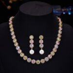 French style light luxury colorful zircon pearl jewelry set wholesale featuring a pastel halo crystal tennis necklace choker and matching triple-tier round gemstone pearl drop earrings from junejewelry.com