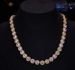 French style light luxury colorful zircon pearl jewelry set wholesale featuring a pastel halo crystal tennis necklace choker and matching triple-tier round gemstone pearl drop earrings from junejewelry.com