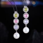 French style light luxury colorful zircon pearl jewelry set wholesale featuring a pastel halo crystal tennis necklace choker and matching triple-tier round gemstone pearl drop earrings from junejewelry.com