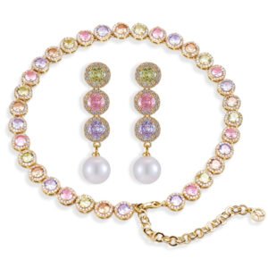 French style light luxury colorful zircon pearl jewelry set wholesale featuring a pastel halo crystal tennis necklace choker and matching triple-tier round gemstone pearl drop earrings from junejewelry.com