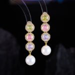 French style light luxury colorful zircon pearl jewelry set wholesale featuring a pastel halo crystal tennis necklace choker and matching triple-tier round gemstone pearl drop earrings from junejewelry.com