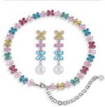 Western style light luxury flower zircon jewelry set wholesale featuring a colorful crystal floral tennis choker necklace and matching triple-tier flower pearl drop earrings from junejewelry.com