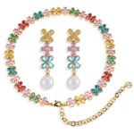 Western style light luxury flower zircon jewelry set wholesale featuring a colorful crystal floral tennis choker necklace and matching triple-tier flower pearl drop earrings from junejewelry.com