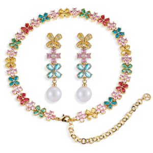 Western style light luxury flower zircon jewelry set wholesale featuring a colorful crystal floral tennis choker necklace and matching triple-tier flower pearl drop earrings from junejewelry.com