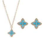 Niche high-end turquoise four leaf clover jewelry set wholesale featuring marquise-cut turquoise resin petals framed by brilliant micro-pave crystals from junejewelry.com