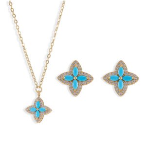 Niche high-end turquoise four leaf clover jewelry set wholesale featuring marquise-cut turquoise resin petals framed by brilliant micro-pave crystals from junejewelry.com