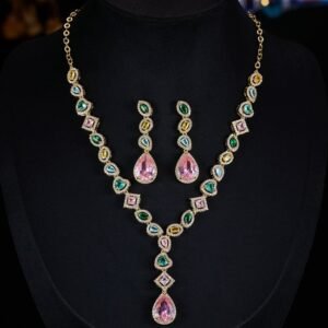 High-end cross-border heavy-craft colorful gemstone jewelry set wholesale featuring a cascading V-shaped multi-colored crystal necklace with a pink teardrop drop and matching long drop earrings from junejewelry.com