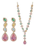 High-end cross-border heavy-craft colorful gemstone jewelry set wholesale featuring a cascading V-shaped multi-colored crystal necklace with a pink teardrop drop and matching long drop earrings from junejewelry.com