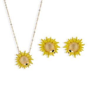 Trendy brass gold plated enamel sunflower jewelry set wholesale featuring a vibrant yellow sunflower pendant with a realistic 3D little honeybee on a delicate chain and matching sunflower stud earrings on junejewelry.com
