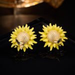 Trendy brass gold plated enamel sunflower jewelry set wholesale featuring a vibrant yellow sunflower pendant with a realistic 3D little honeybee on a delicate chain and matching sunflower stud earrings on junejewelry.com