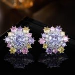 Light luxury colorfast colorful zircon sunflower jewelry set wholesale featuring a brilliant multi-colored crystal cluster halo pendant necklace and matching sunflower stud earrings on a gold and platinum silver base from junejewelry.com.