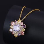 Light luxury colorfast colorful zircon sunflower jewelry set wholesale featuring a brilliant multi-colored crystal cluster halo pendant necklace and matching sunflower stud earrings on a gold and platinum silver base from junejewelry.com.