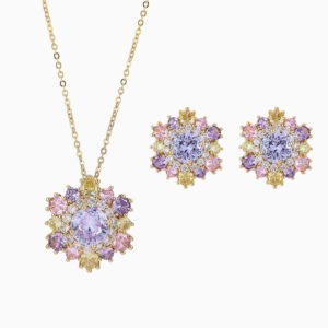 Light luxury colorfast colorful zircon sunflower jewelry set wholesale featuring a brilliant multi-colored crystal cluster halo pendant necklace and matching sunflower stud earrings on a gold and platinum silver base from junejewelry.com.