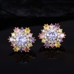 Light luxury colorfast colorful zircon sunflower jewelry set wholesale featuring a brilliant multi-colored crystal cluster halo pendant necklace and matching sunflower stud earrings on a gold and platinum silver base from junejewelry.com.