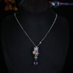 Cross-border high-end colorful zircon flower jewelry set wholesale featuring a cascading multi-colored crystal floral cluster pendant necklace with a dark purple teardrop drop and matching long drop earrings from junejewelry.com.