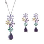 Cross-border high-end colorful zircon flower jewelry set wholesale featuring a cascading multi-colored crystal floral cluster pendant necklace with a dark purple teardrop drop and matching long drop earrings from junejewelry.com.
