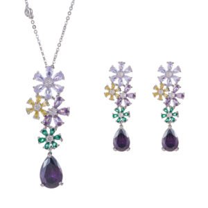 Cross-border high-end colorful zircon flower jewelry set wholesale featuring a cascading multi-colored crystal floral cluster pendant necklace with a dark purple teardrop drop and matching long drop earrings from junejewelry.com.