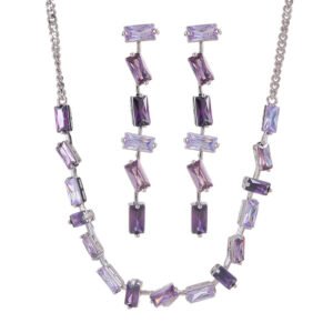 Western light luxury gradient zircon jewelry set wholesale featuring an ombre baguette-cut crystal geometric collar necklace and matching linear drop earrings from junejewelry.com