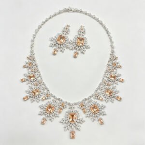 Wholesale bridal zircon set with champagne crystals on real gold plated copper from JuneJewelry.com – luxury statement jewelry for bulk buyers.