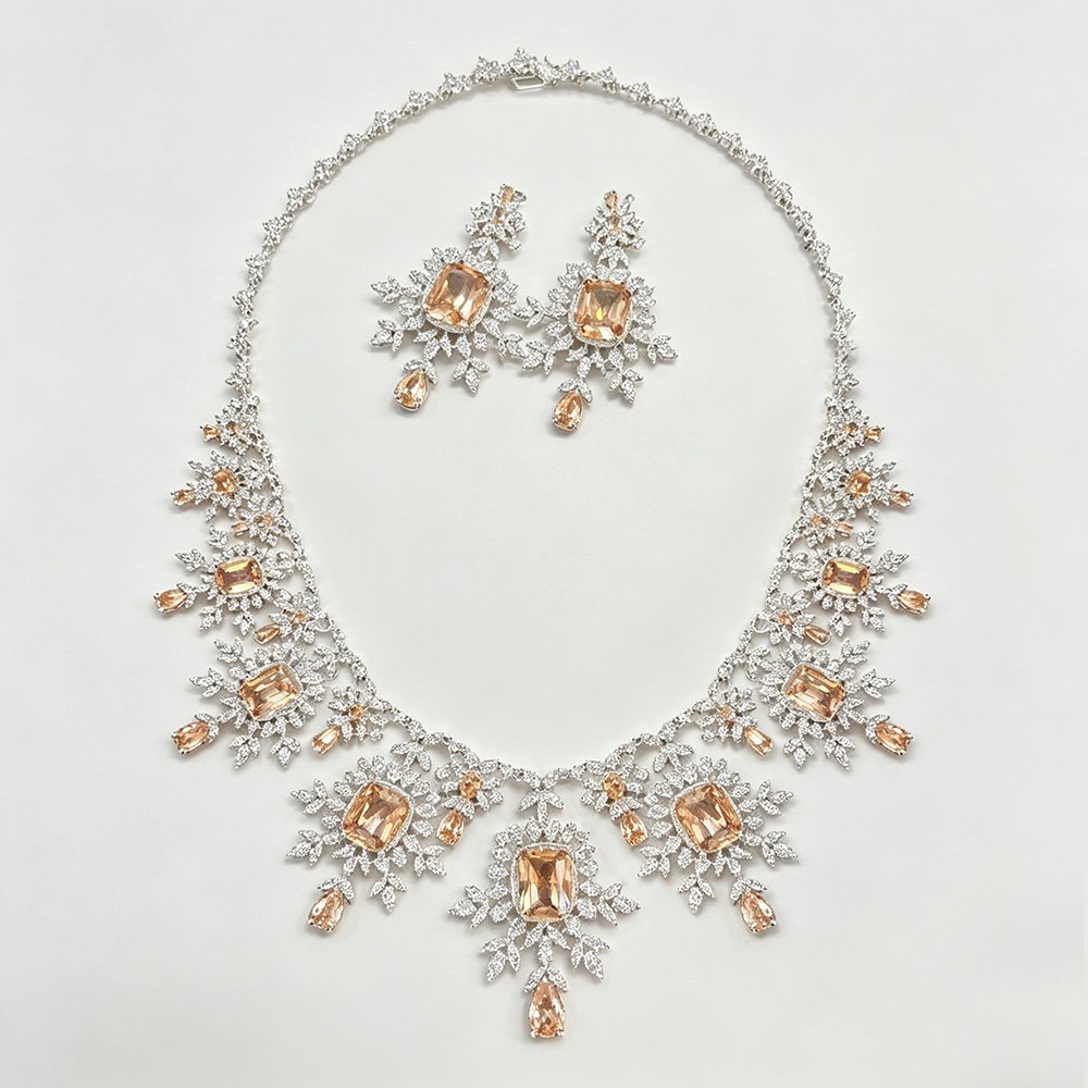 2-1 Wholesale bridal zircon set with champagne crystals on real gold plated copper from JuneJewelry.com – luxury statement jewelry for bulk buyers.