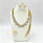 Wholesale square zircon set with emerald-cut clear crystals on real gold plated copper from JuneJewelry.com – luxury bridal jewelry for bulk buyers.