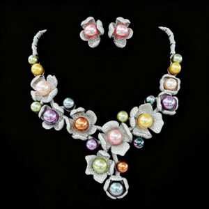Wholesale Zircon Pearl Jewelry Set with multi-color shell pearls and cubic zirconia on gold plated brass from JuneJewelry.com.