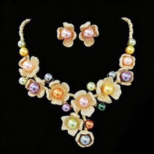 Wholesale Zircon Pearl Jewelry Set with multi-color shell pearls and cubic zirconia on gold plated brass from JuneJewelry.com.