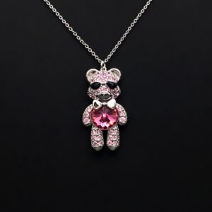 Wholesale Crystal Bear Necklace with pink Swarovski element crystals on platinum plated brass from JuneJewelry.com.