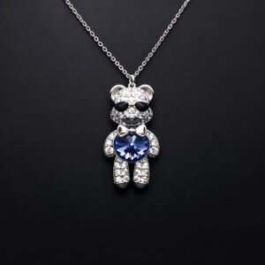 Wholesale Crystal Bear Necklace with pink Swarovski element crystals on platinum plated brass from JuneJewelry.com.