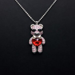 Wholesale Crystal Bear Necklace with pink Swarovski element crystals on platinum plated brass from JuneJewelry.com.